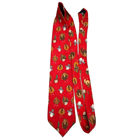 Save the Children Red Silk Tie THANKSGIVING Turkey Vintage 90s USA Made‎ Necktie - Picture 3 of 7